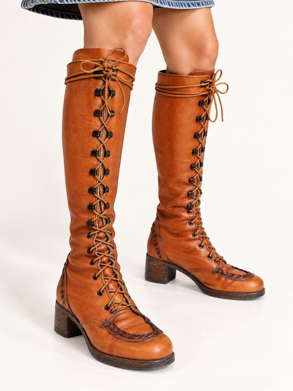 Vintage 1970s Zodiac Brown Leather Knee High Lace Up Braided Boho Boots 6.5 Rare